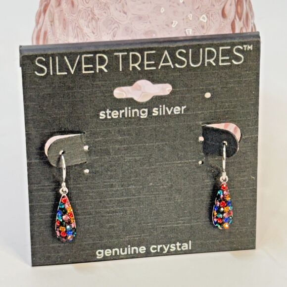 Silver Treasures Sterling Pavé Multicolor Crystal Teardrop Dangle Earrings Hook - Picture 4 of 6